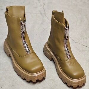 Chunky Sole Olive Green Leather Ankle Boots With Front Zipper And Lug Outsole Fo